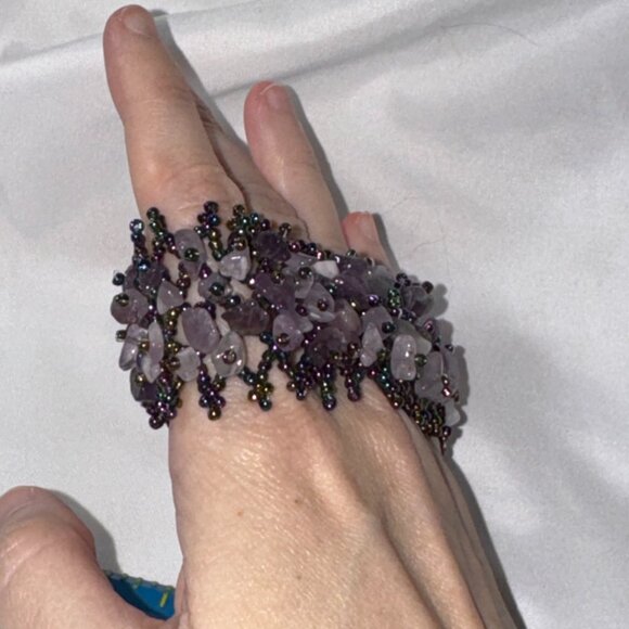 7 1/8" Natural Amethyst Gemstone chip beads stretchy Net Bracelet - Picture 4 of 12